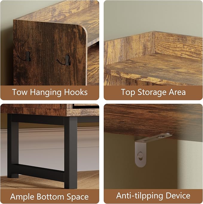 Xixini Shoe Storage Cabinet with 3 Flip Drawers, Entryway Shoe Rack, Brown | Freestanding Narrow Shoe Storage, Hidden Slim Wood Shoe Organizer, Modern Farmhouse, Open Storage & Hooks for Closet, Hallway