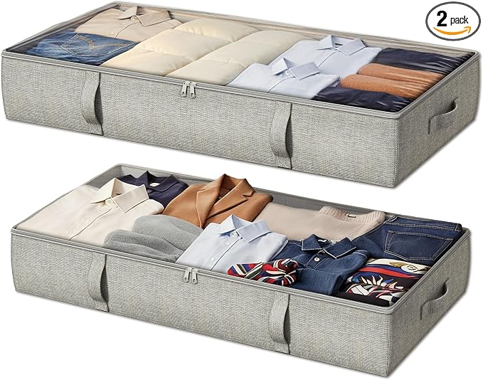 2-Pack Under Bed Storage Containers, 6 Inches Tall Clothes Storage, Grey | High Side Collapsible Underbed Organizer Bin with Sturdy Sidewalls/Bottom, Cotton Linen Bins, For Seasonal Clothes & Bedding