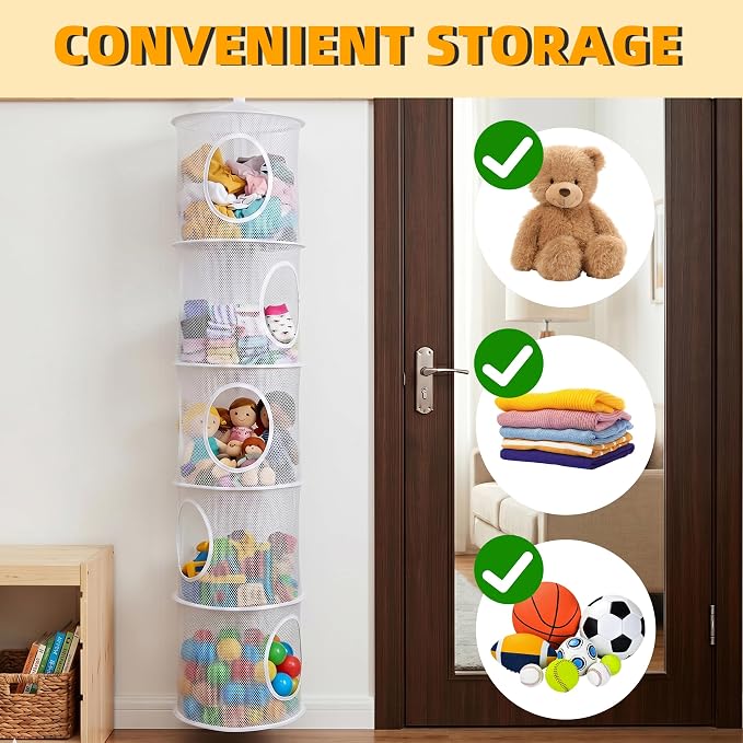 2Pcs Hanging Stuffed Animal Storage Hammock Net 5 Tiers, White | Hanging Mesh Storage Organizer for Kids Room, Holds Plushies, Gloves, Hats, Socks, Foldable Space-saving Design