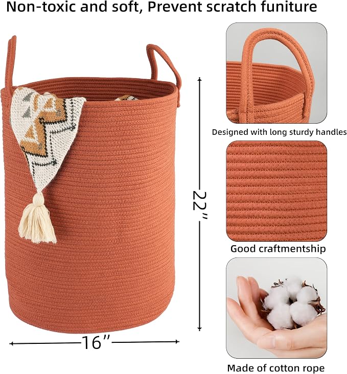 XUANGUO Cotton Rope Laundry Basket Hamper for Clothes Large Rust Red | Baby Nursery Hamper Bin and Woven Storage Basket for Living Room Bedroom Boho Tall Rope Baskets Blankets Toys Pillows Towels