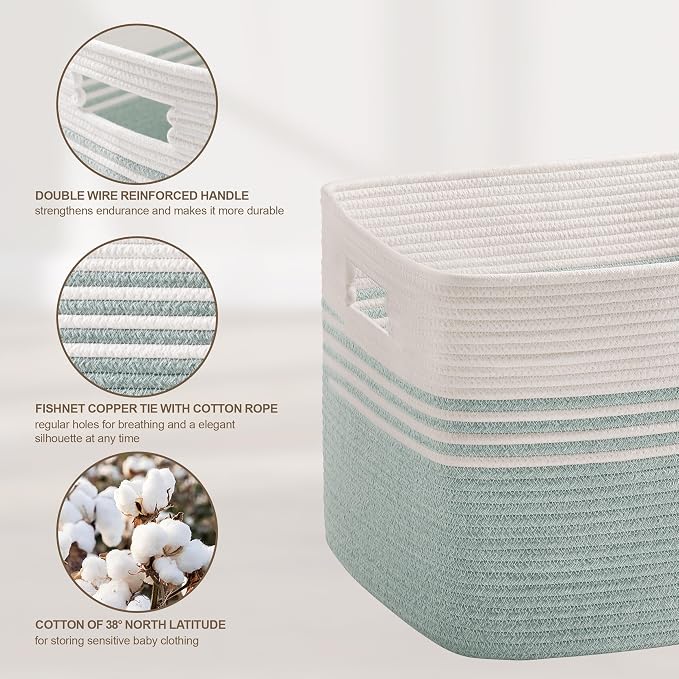 72L Large Woven Laundry Basket Hamper with Handles, Green | collapsible wicker hamper, storage for dirty clothes, toys, blankets, gifts, living room, bedroom, bathroom, 22"x17"x12"
