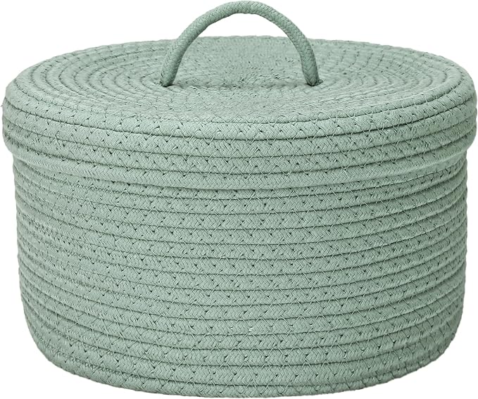 Sea Team Round Storage Basket, Woven Cotton Rope Basket with Lid, Green | Decorative Knitted Storage Bin, Multi-Purpose Lidded Organizer for Closet Shelves, Nursery and Household Storage