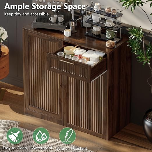 Single 13 Gallon Pull Out Trash Can Cabinet with Storage Cabinet,Walnut | Pet Proof Hidden Garbage Can Cabinet,3-Tier Shelves,Fluted Design,Extra Drawer Space,Kitchen & Dining Room Organization