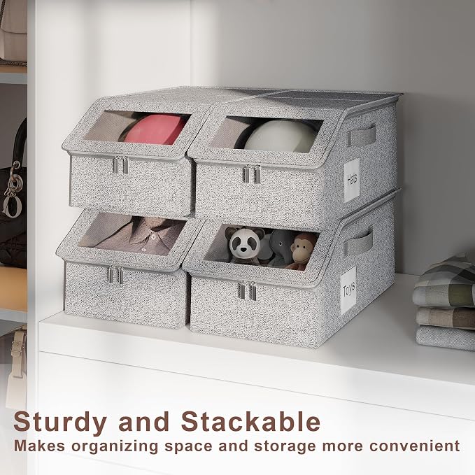 4 PCS Hat Organizer for Baseball Caps, Multi Functional Storage Box (Accommodates 48 Hats) with Visible Window and Zipper - Gray