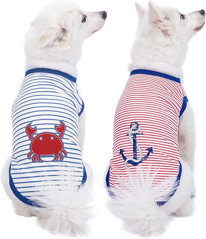 Blueberry Pet Soft & Comfy Summer Vacation Beach Cotton Dog T-Shirts, 2 Pack, Sunshine Sea Lover Striped Shirts Tank Top Clothes, Back Length 16", for Medium Large Dogs