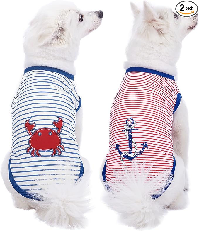 Blueberry Pet Soft & Comfy Summer Vacation Beach Cotton Dog T-Shirts, 2 Pack, Sunshine Sea Lover Striped Shirts Tank Top Clothes, Back Length 10", for Small Dogs