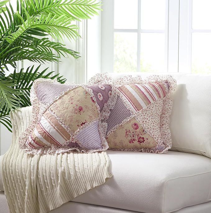 Brilliant Sunshine Pink Rosette & Stripes Ruffle Pillowshams Set, 18"x18" | Patchwork Design with Ruffles, Quilted Pillow Covers, Washable Throw Cushion Cases for Couchs and Beds, Pack of 2
