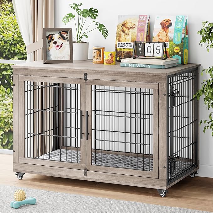 YaFiti Dog Crate Furniture, 44" Wooden Indoor Dog Kennel, Grey | Cushion, Wheels, Double Doors, for Large Dogs, Up to 85 lb, Furniture Style, Side End Table, Decorative Pet Cage House