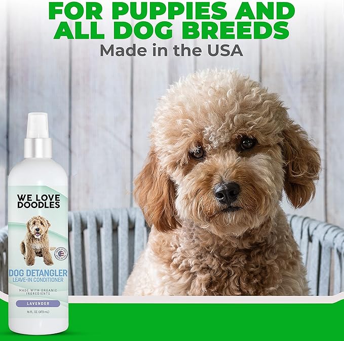 We Love Doodles Small Slicker Brush & Lavender Detangler Spray Pack - Dog Leave-in Conditioner for Reducing Mats, Knots & Tangles, Dematting & Conditioning Grooming Kit, 16 oz