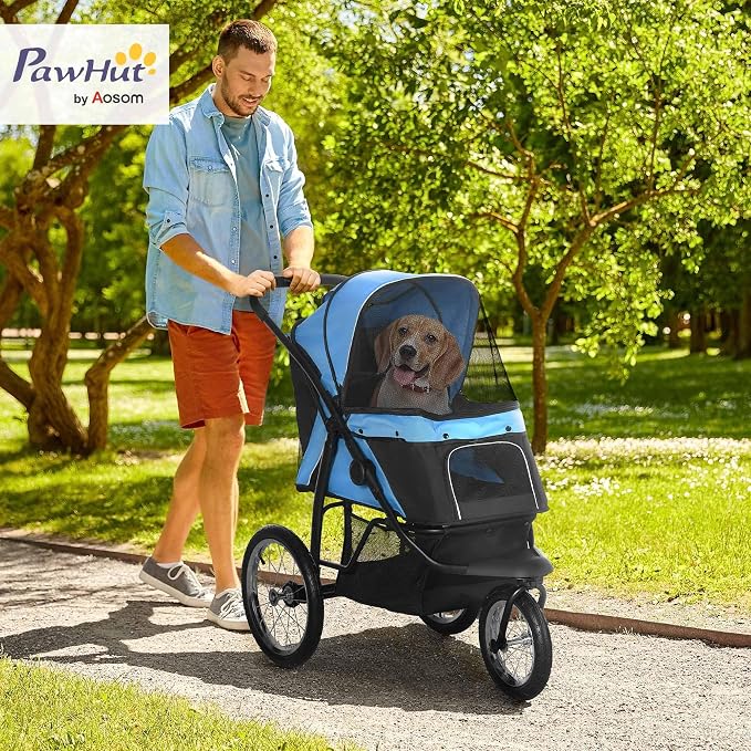 PawHut 3 Wheels Pet Stroller Foldable Jogger for Medium Dogs Blue | Adjustable Canopy, Safety Tether, Cushion, Storage Basket, Portable for Meidum Dogs and Cats