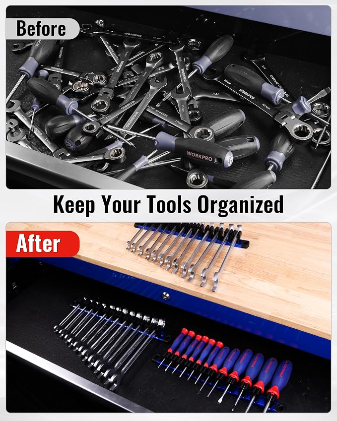 WORKPRO Magnetic Screwdriver and Wrench Organizer Set, 12-Slot Tool Holder | Aluminum Rail, Magnetic Force, Flexible High-Tension Tool Clips, For Tool Box Drawer & Wall-Mount Storage