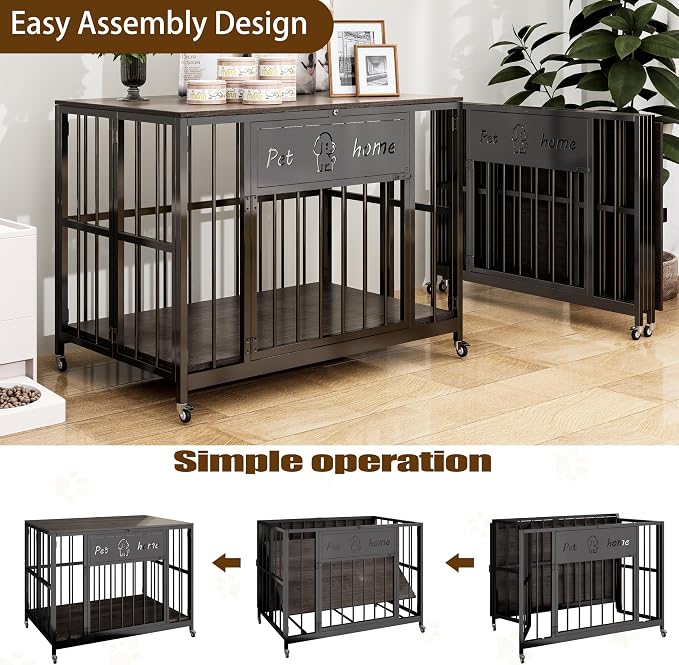31.5" Foldable Dog Crate Furniture, Muyi Gray, Small Medium Dogs | Wooden Construction, RGB Ceiling Lights, Silent Casters, Multi-Purpose End Table TV Stand