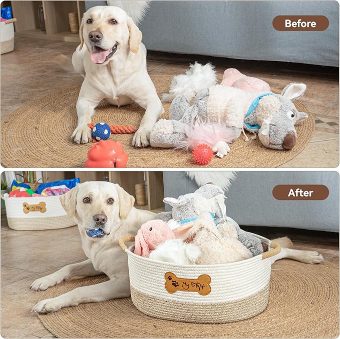 Dog Toy Basket|Cotton Rope Dog Toy Bin With Handle, 17.5"L×11.8"W×8"T