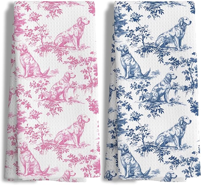 Chinoiserie Golden Retriever Kitchen Towels Set of 2,Pink and Blue Golden Retriever Gifts Decorative Dish Tea Towels,Grandmillennial Botanical Dog Hand Towels for Kitchen Bathroom,16x24 Inch