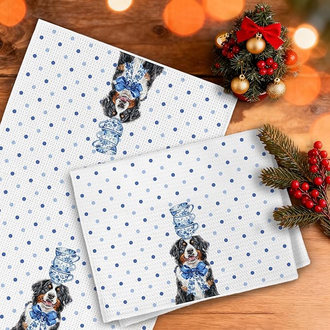 Blue and White Chinoiserie Bernese Mountain Dog Kitchen Towels, Bernese Mountain Dog Gifts Dish Tea Towels, Coquette Bow Cute Dogs Polka Dot Decorative Hand Towel for Bathroom, 16x24 Inch