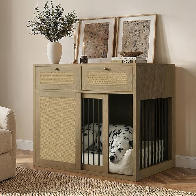 PureCozy Wooden Dog Crate Furniture, Right Unit, 40 Inch, Light Oak | Cane cabinet and metal sliding door with 2 storage drawers; furniture-style indoor kennel doubles as an end table.