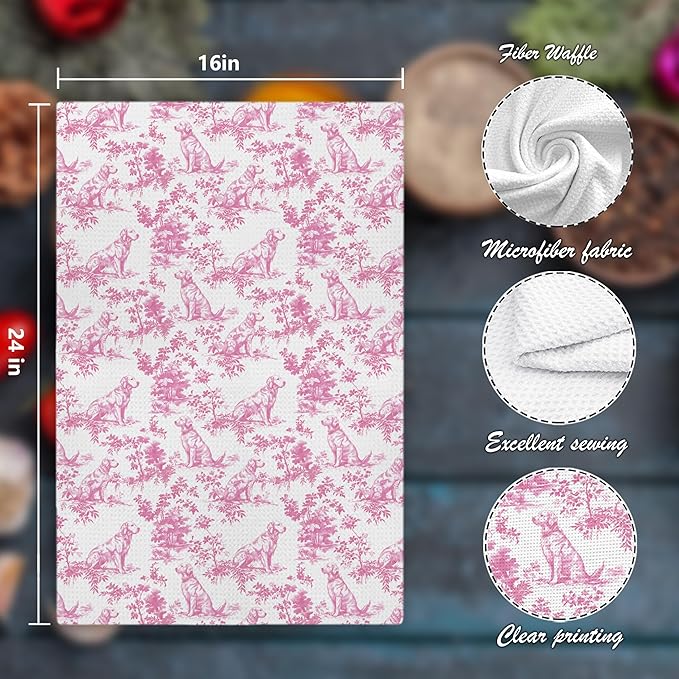 Nipi Pink Chinoiserie Golden Retriever Kitchen Towels, Pink Floral Golden Retriever Decorative Dish Tea Towels, Grandmillennial Botanical Dog Hand Towels for Kitchen Bathroom, 16x24 Inch