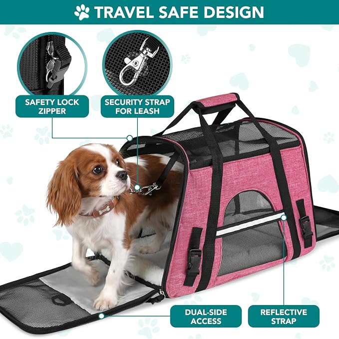 PetAmi Airline Approved Pet Carrier for Cats Small Dogs, Large Heather Pink | Soft Sided TSA Travel Bag, Sherpa Bed, Breathable Mesh Ventilation, Collapsible Bowl, Fits Under Seat, Up to 18 lbs