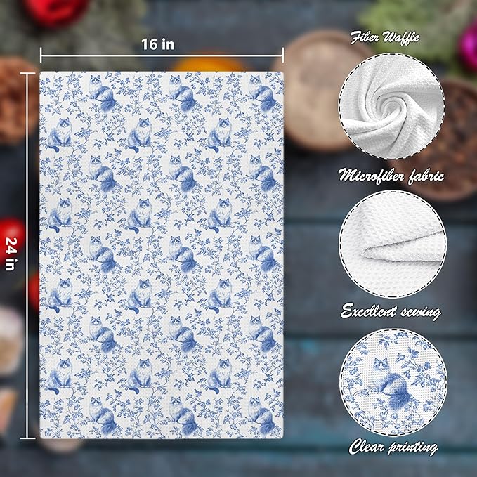 Chinoiserie Floral Ragdoll Kitchen Towels,Blue and White Cat Decor Kitchen Dish Tea Towels Bathroom Gifts for cat Lovers Women Men,16x24 Inch