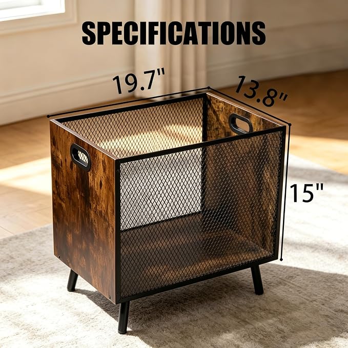 66L Blanket Basket, Laundry Basket Organizer With Rustic Industrial Design, Blanket Storage Basket For Living Room, Wood And Metal Mesh Construction