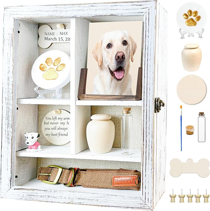 Solid Wood 11x14 Pet Memorial Shadow Box Frame with Adjustable Shelves Paw Print Kit Pet Urn Ashes Display Case White Dog Memorial Gifts for Loss of Dog