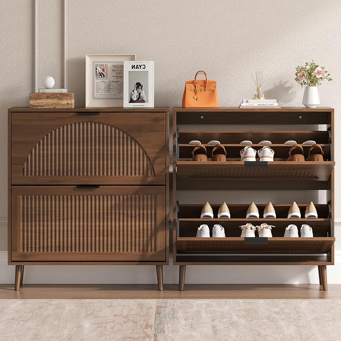 BORNOON Shoe Cabinet for Entryway with 2 Flip Drawers, Slim Wooden Shoe Storage Organizer with Modern Fluted Pannel，Freestanding Narrow Hidden Shoe Rack for Hallway, Foyer, Living Room