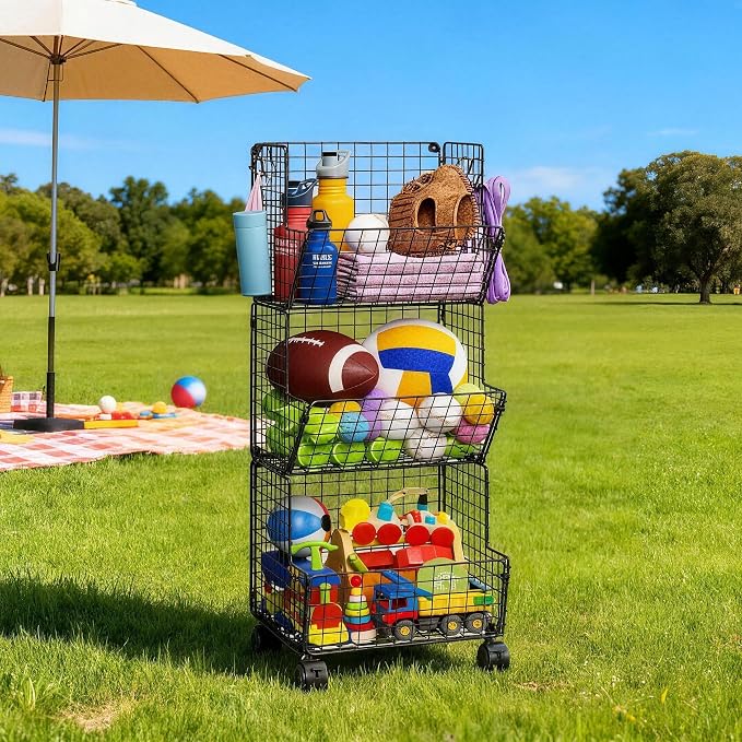 Sonyabecca 3 Tier Rolling Toy Organizer Cart with Wheels for Toy Storage | Outdoor toy storage basket and play kitchen organizer. Multi-purpose cart for snacks, books, pet supplies and home storage