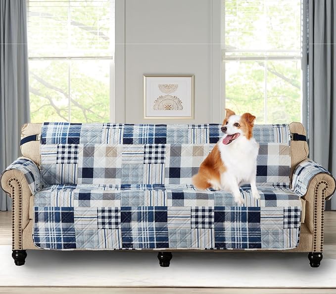 Brilliant Sunshine Blue Plaids & Stripes Patchwork Couch Cover, 78" seat | Quilted Sofa Cover, Living Room & Bedroom Furniture Protector, Extra Large Washable Slipcover for Pets, Dogs & Cats