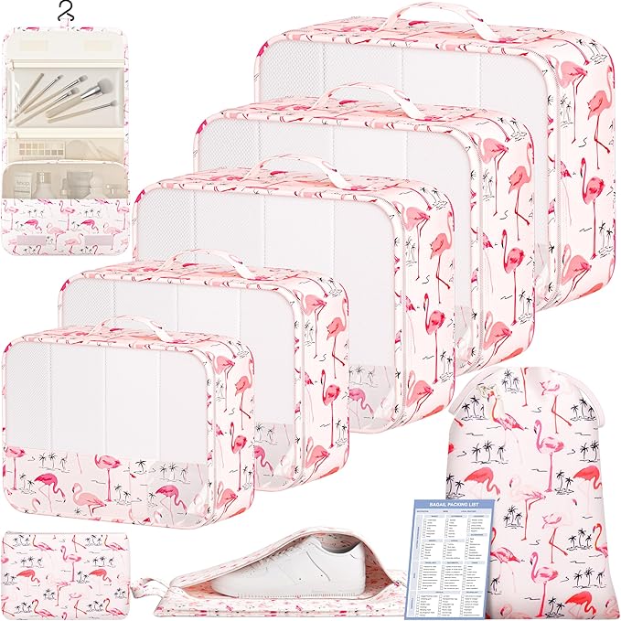 BAGAIL 9 Set Packing Cubes with Packing List Luggage Packing Organizers for Travel Accessories (Flamingo)
