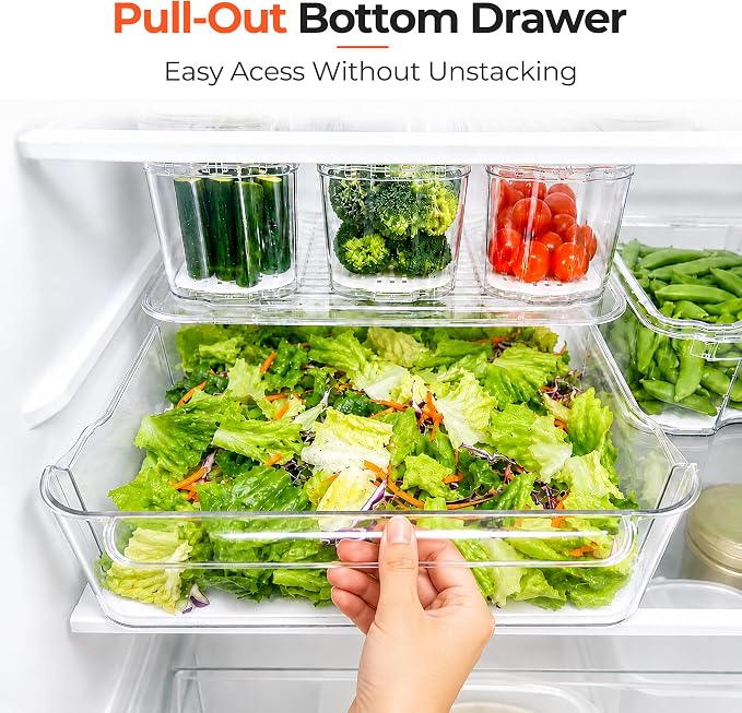 SMRCAD Clear Fridge Bins with Drain Trays - BPA-Free PET, Stackable(3 Pack) | 3 Pack: 1 Drawer + 2 lidded Bins, Helps Keep Produce Fresh, 12.5L Capacity, Hand Wash Only