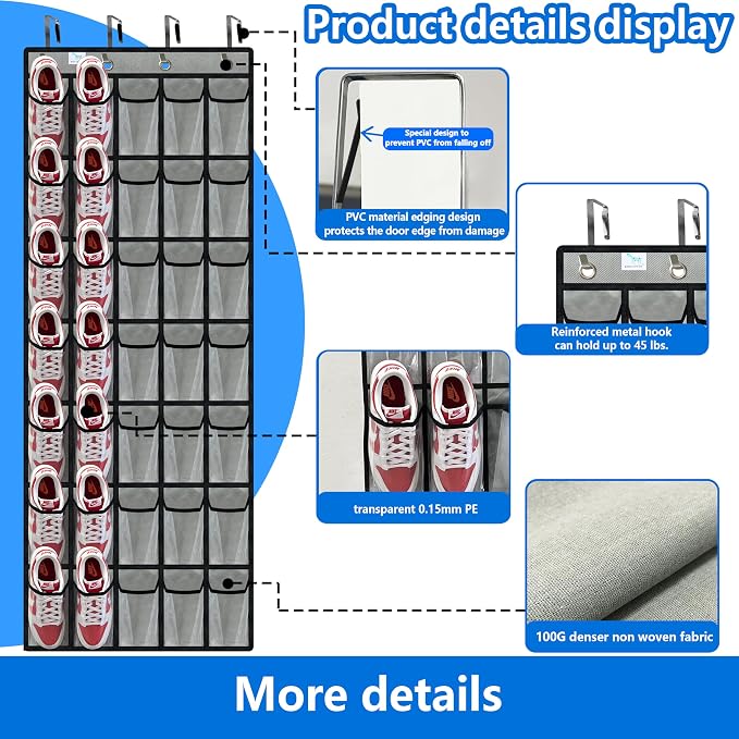 over the door shoe organizer,upgraded,over door shoe organizer,35 Huge clear pockets,over door shoe organizer,Store size 13 shoes,hooks Suitable for various doors,Grey