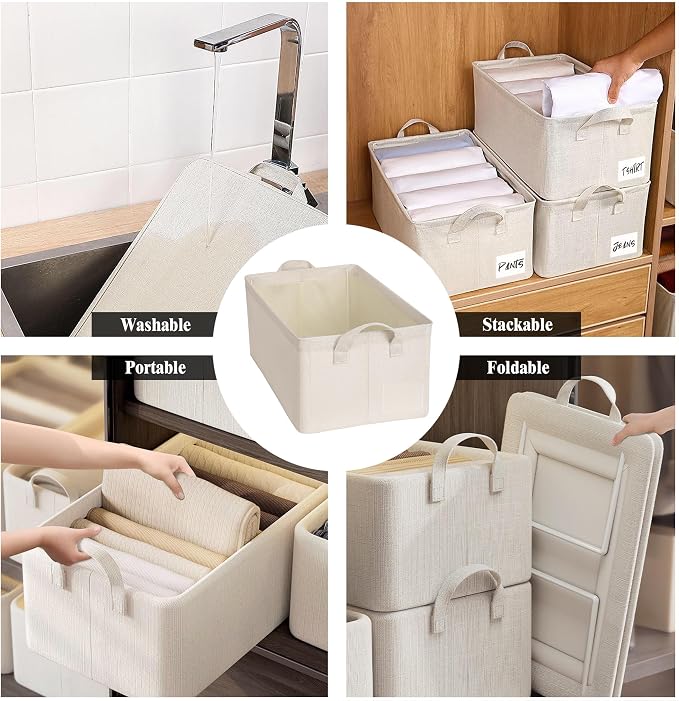 AARAINBOW 4 Pcs Closet Clothes Organizer with Handle, Fabric Storage Box with Steel Frame Stackable Shelf Storage Bins Foldable Fabric Storage Baskets for Organizing Sweater Pants, 23L (B 4 White)
