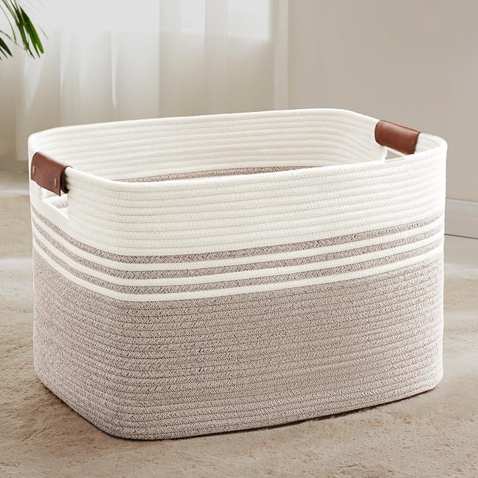 86L Large Woven Laundry Basket Hamper with Leather Handles,Brown | collapsible wicker hamper, storage for dirty clothes, toys, blankets, gifts, living room, bedroom, bathroom, 24"x16"x14"
