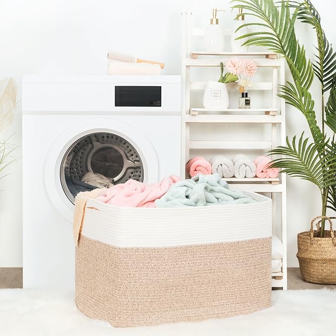 112L Extra Large Blanket Basket Holder Living Room, 25"x17"x16" Rectangle Rope Woven Storage Basket with Handles for Laundry, Pool Towels, Shoes, Dog Toy Organizer Bin Box, Light Brown