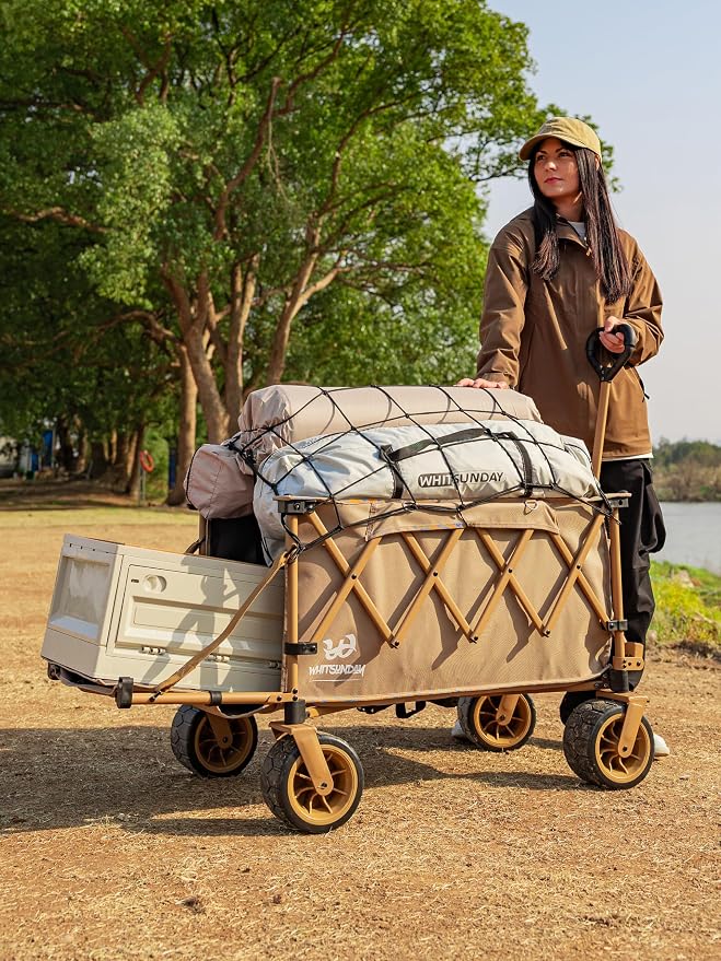 Whitsunday Collapsible Folding Wagon Heavy Duty Utility Beach Wagons with Opened Tailgate and All-Terrain Wheels for Camping,Garden,Sports Khaki