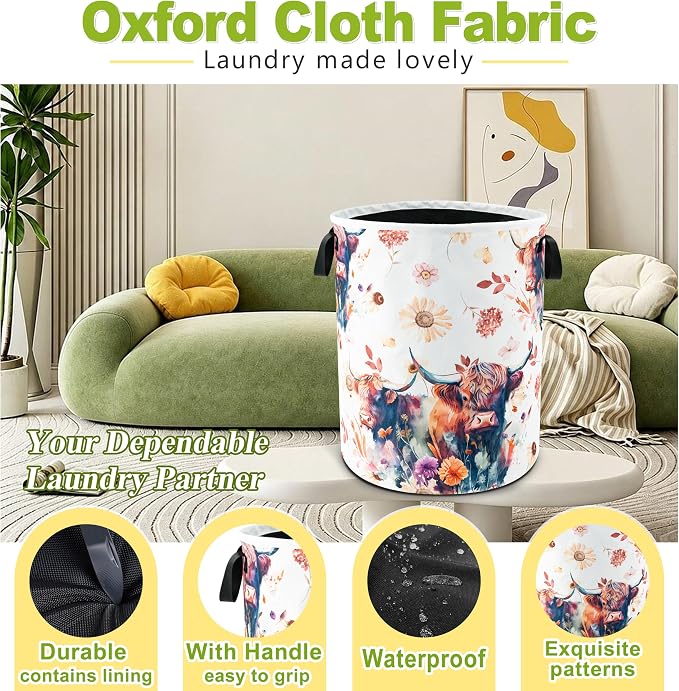 Highland Cow Floral Laundry Basket Foldable Waterproof 18.9 x 16.5 Inch | Oxford Cloth Hamper With Reinforced Handles Lining Large-Capacity Storage For Bathrooms/Laundry Rooms/ Living Rooms/Bedrooms