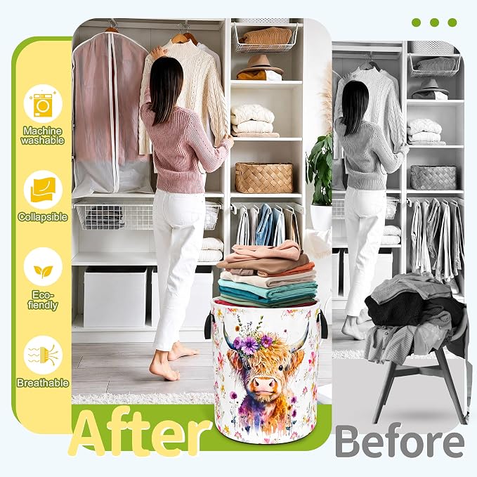 Highland Cow Laundry Basket Foldable Waterproof Oxford Cloth Funny Tote Bag | Laundry Hamper Clothes Storage Bucket Organizer For Bathroom/Laundry Storage /Bedroom Storage Basket 18.9x16.5 Inch