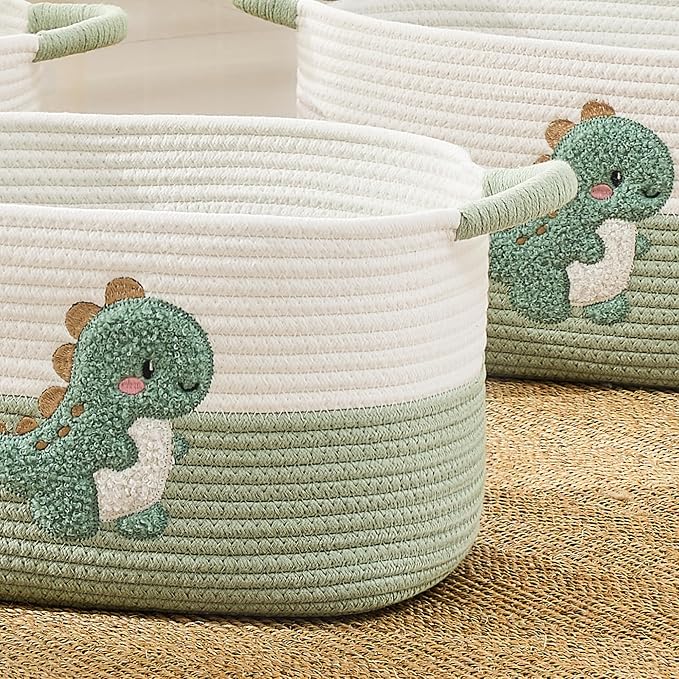 Storage Basket, Woven Baskets for Shelves, Green Dinosaur | 3 Pack Boho Cotton Rope Storage Baskets, 14" x 9" x 8", Home Organizer for Nursery, Holds Toys, Books & Towels