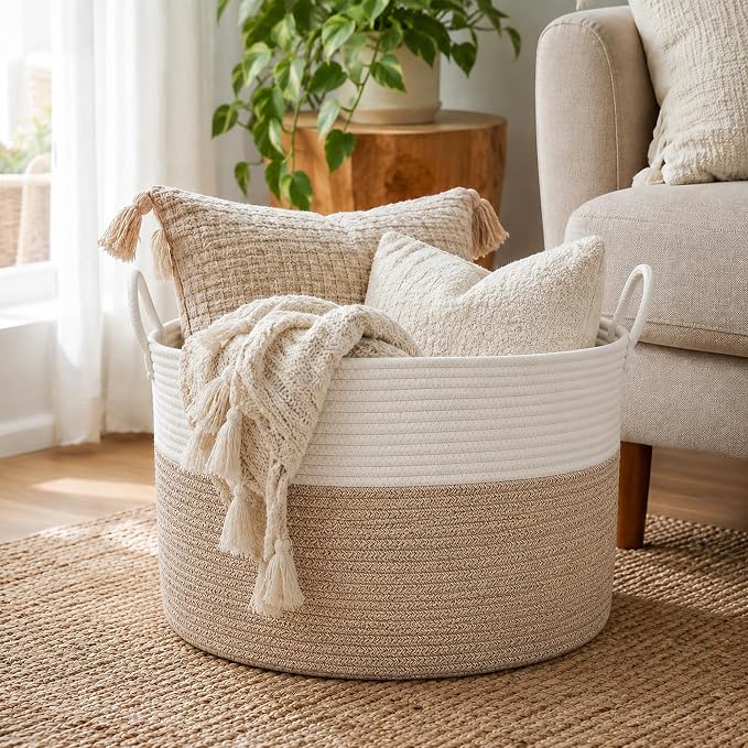 XUANGUO 66L Large Blanket Basket, Round Cotton Rope Basket, White & Brown | 20" x 13" Laundry Basket with Sturdy Handles for Blankets, Pillows and Toys; Storage for Living Room, Bedroom and Nursery