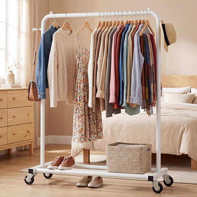 Sywhitta Metal Clothing Rack on Wheels with Bottom Shelf, for Clothes,White | Rolling Garment Rack for Hanging Clothes, Coats, Skirts, 39.76" L x 16" W x 63.78" H,Space-Saving Mobile Organizer for Closet