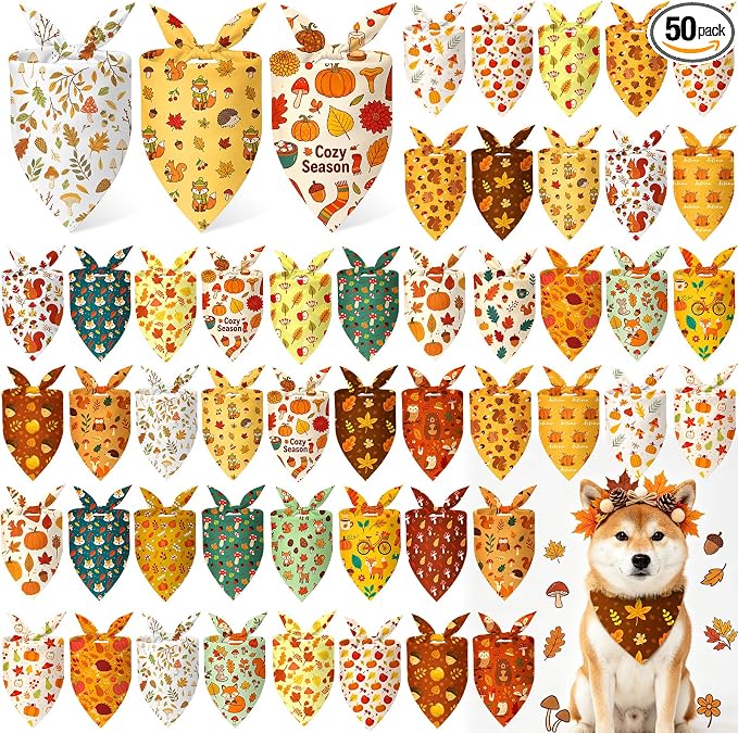 Abbylike 50 Pcs Fall Dog Bandanas Bulk Autumn Leaf Pumpkin Acorn Mushroom