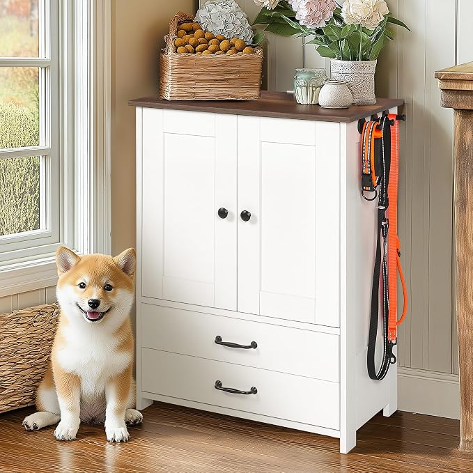 Dog Feeding Station with Double Door Cabinet, Adjustable Dog Bowls for Small Medium Large Dogs, Pet Food Storage Cabinet with 3 Side Hooks for Leashes and Collars, White