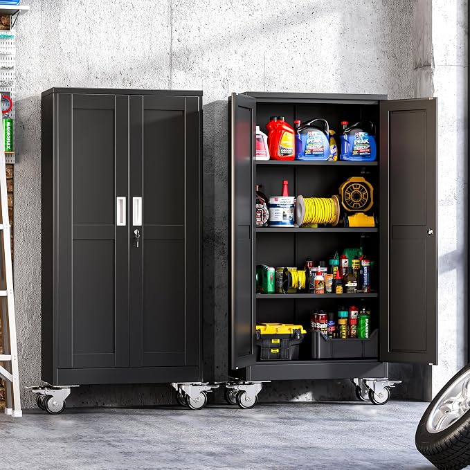 61-Inch Metal Garage Storage Cabinet with Wheels, Locking Doors and Shelves | 3 Adjustable Shelves, Locking Doors, Magnetic Closure, 360° Casters, Anti-Tip Kit, Cold-Rolled Steel