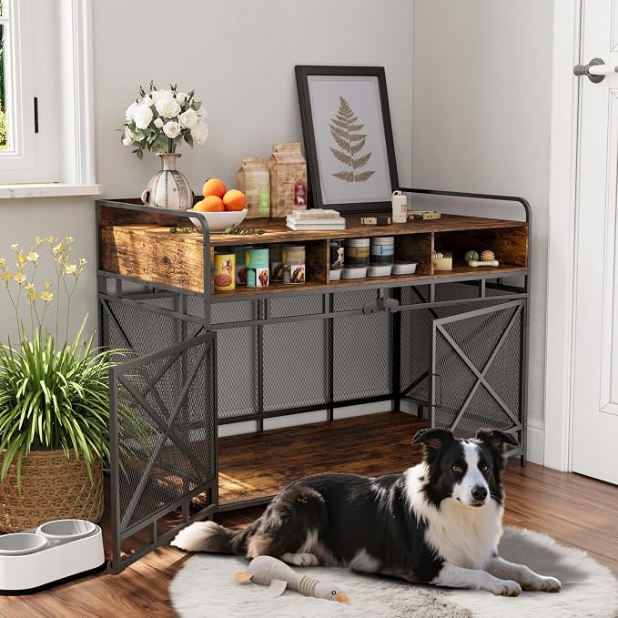 Fulhope Dog Crate Furniture, 48" Heavy Duty Wooden Dog Crate End Table, XL Dog Kennel Furniture Large Breed, Decorative Dog Kenne Indoor with 3 Drawers & Steel Tubes 48" L x28 W x36 H (Rustic Brown)