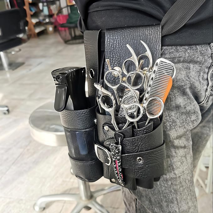 Vatti Professional Hairdressing Scissor Pouch | 5-Scissor Capacity Detachable Barber Tool Belt with Spray Bottle Holder for Hairstylists, Pet Groomers Black