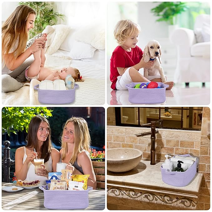XUANGUO Medium Woven Cotton Rope Storage Basket with Handles, Light Purple | Small decorative rectangle storage bin for baby nursery items and cat toys; ideal as an empty gift basket or dog toy basket