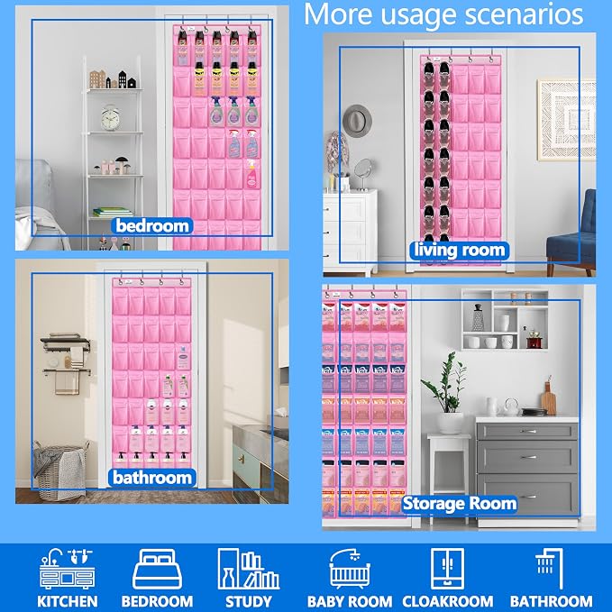 Over the Door Shoe Organizer, 2025 Upgrade 35 Large Pockets for Shoe Storage, Hanging Shoe Holder with Metal Hook, Clear Shoe Rack for Closet Bathroom Door Space Saving - Pink
