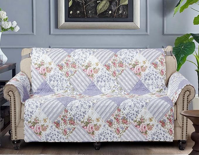 Brilliant Sunshine Rose Violet Floral Patchwork Loveseat Cover, 54" seat | Quilted Sofa Cover, Living Room & Bedroom Furniture Protector, Large Washable Love Seat Slipcover for Pets, Dogs & Cats