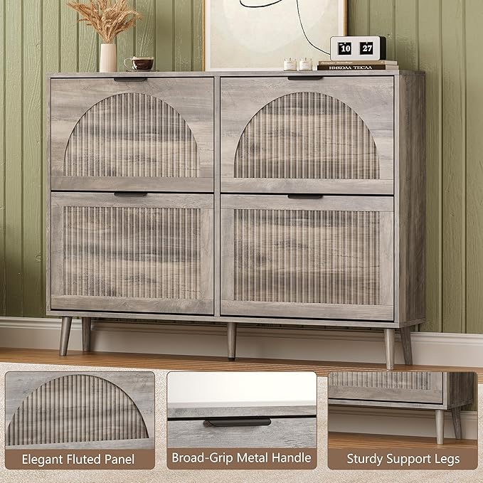 BORNOON Shoe Cabinet for Entryway with 4 Flip Drawers, Slim Wooden Shoe Storage Organizer with Modern Fluted Pannel，Freestanding Narrow Hidden Shoe Rack for Hallway, Foyer, Living Room