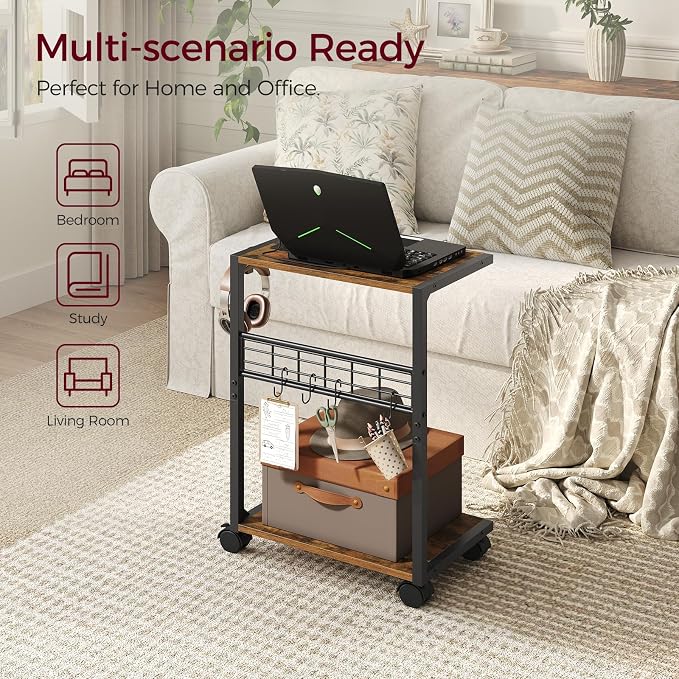 PC Stand, Computer Tower Stand with Charging Station, 16.9"W x 11.4"D x 27.6"H, Computer Cart with Wheels and Hooks, CPU Holder for Carpet, Floor and Under Desk, Easy Assembly, Rustic Brown